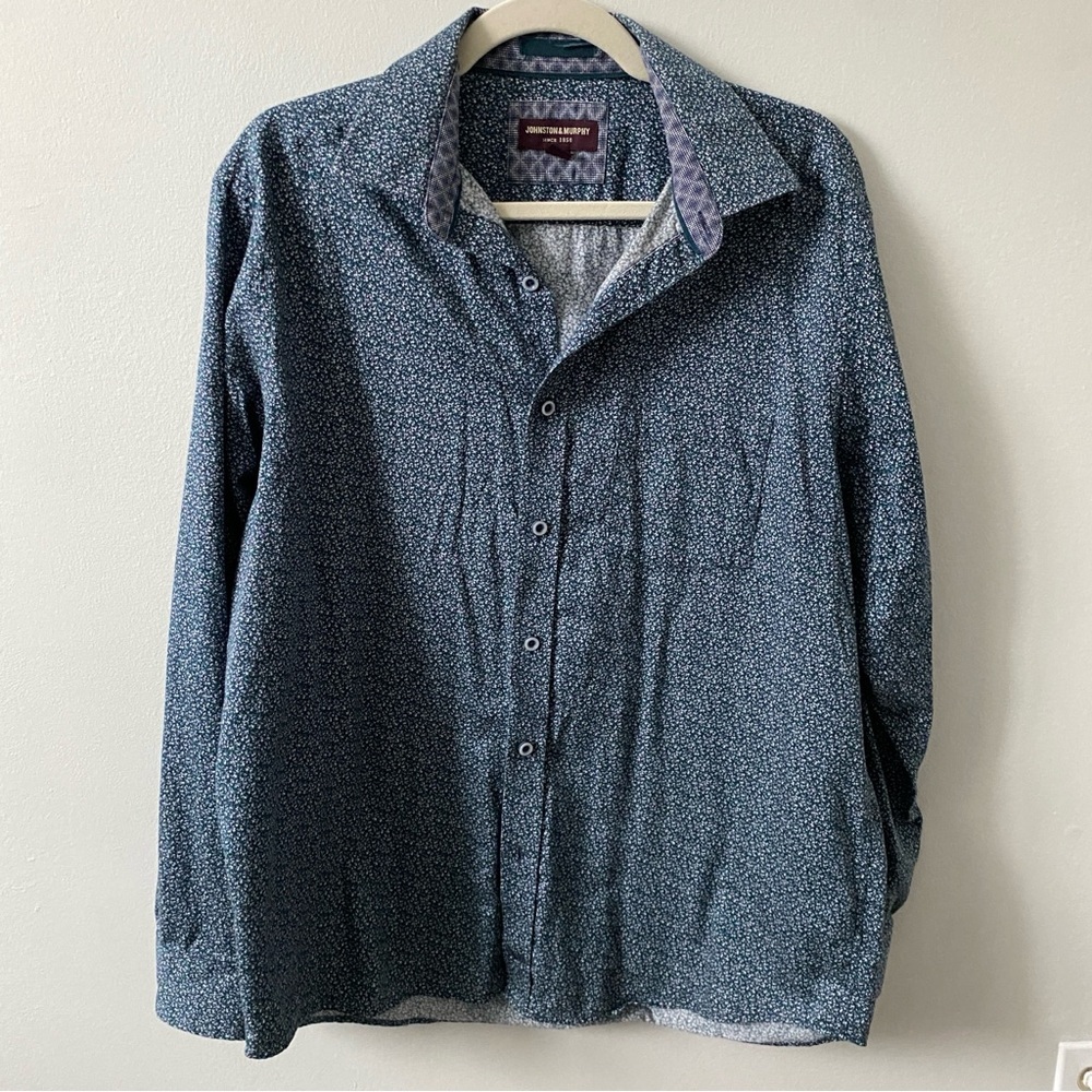 JOHNSTON & Murphy Men’s Blue and Green Floral Patterned Dress Shirt L